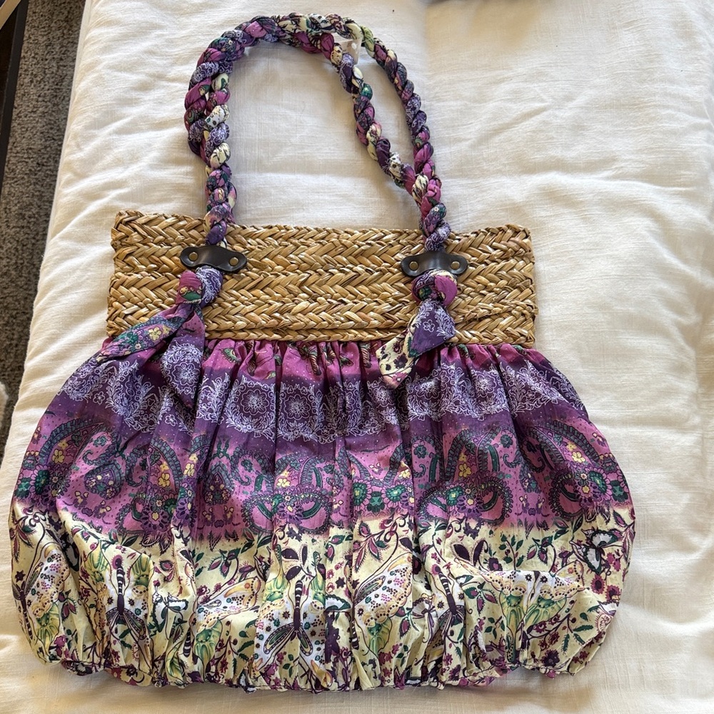 Capelli of New York Purple and Cream Braided-Handle Straw-Top Tote